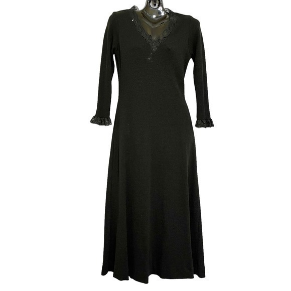 Vintage Julie Francis x Bernie Bee Sport Black Lace Trim Fit-&-Flare Maxi Dress - Picture 1 of 7